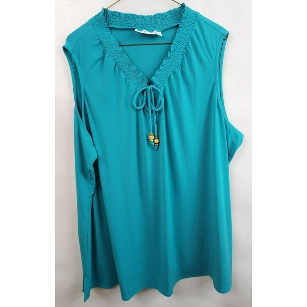 𝅺Susan Graver Turquoise Liquid Knit Tie Neck Sleeveless Blouse Top Size 3X